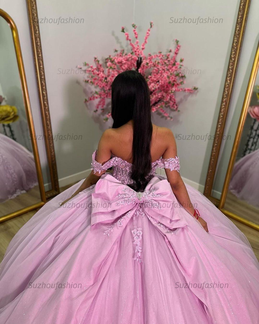 Ball Gown Off Shoulder Sweetheart Neck Lace Appliques Bow Knot Pink Tulle Princess Evening Party Gowns Quinceanera Dress For Sweet 16