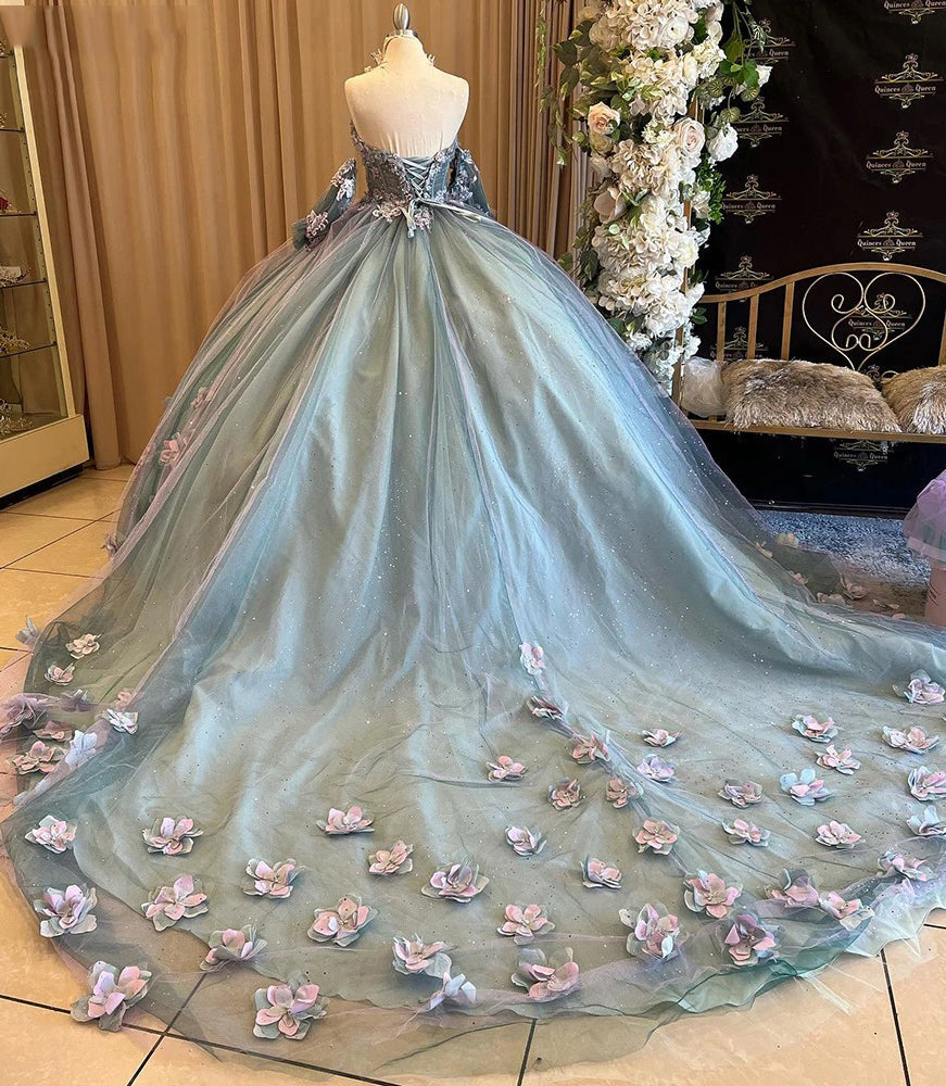 Ball Gown Off Shoulder Sweetheart Neck Quinceanera Dresses With Sleeves 3D Flowers Appliques Sparkly Beaded Tulle Lace Up Sweet 16 Dress Princess Party Gown