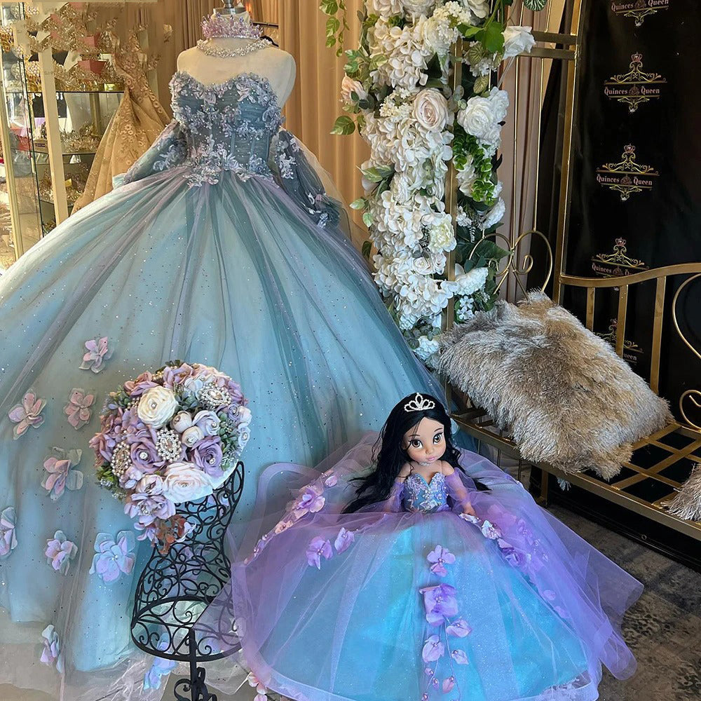 Ball Gown Off Shoulder Sweetheart Neck Quinceanera Dresses With Sleeves 3D Flowers Appliques Sparkly Beaded Tulle Lace Up Sweet 16 Dress Princess Party Gown
