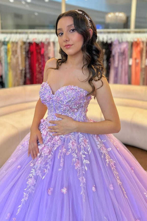 Ball Gown Strapless Sleeveless Flower Appliques Shawl Lilac Tulle Quinceanera Dress Birthday Party Dress Evening Gown For Sweet 16