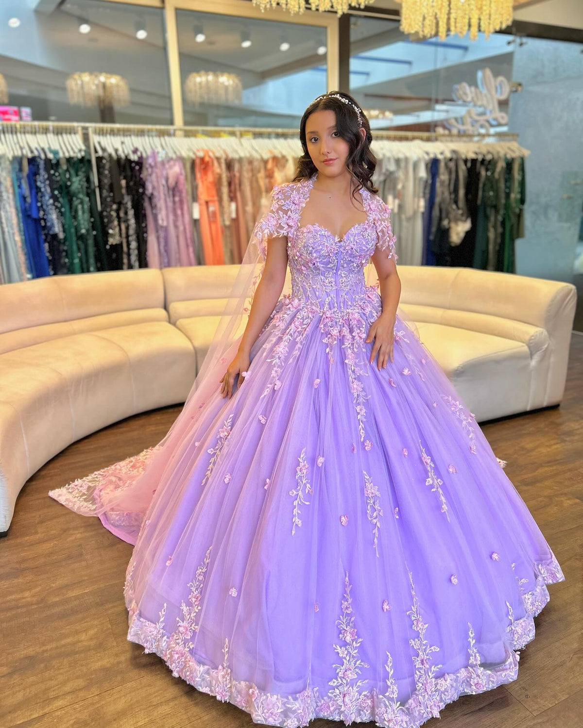 Ball Gown Strapless Sleeveless Flower Appliques Shawl Lilac Tulle Quinceanera Dress Birthday Party Dress Evening Gown For Sweet 16