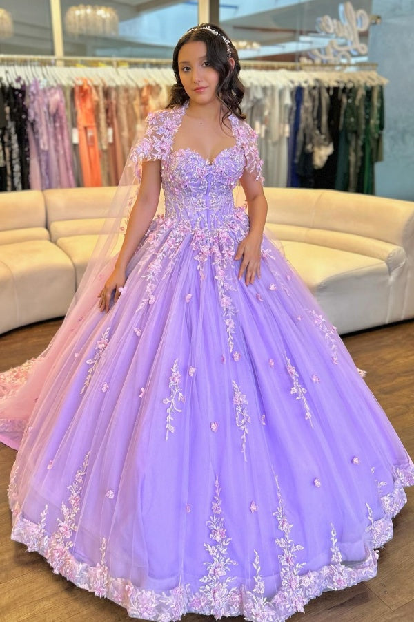 Ball Gown Strapless Sleeveless Flower Appliques Shawl Lilac Tulle Quinceanera Dress Birthday Party Dress Evening Gown For Sweet 16