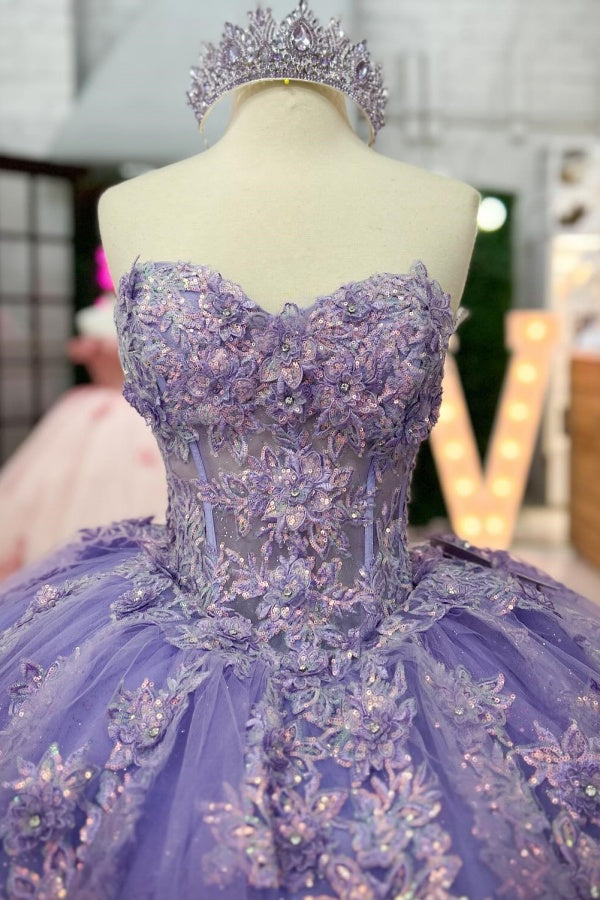 Ball Gown Strapless Sleeveless Fully Sequins Flower Appliques Pleated Lilac Tulle Quinceanera Dress Evening Formal Gown Birthday Party Dress For Sweet 16