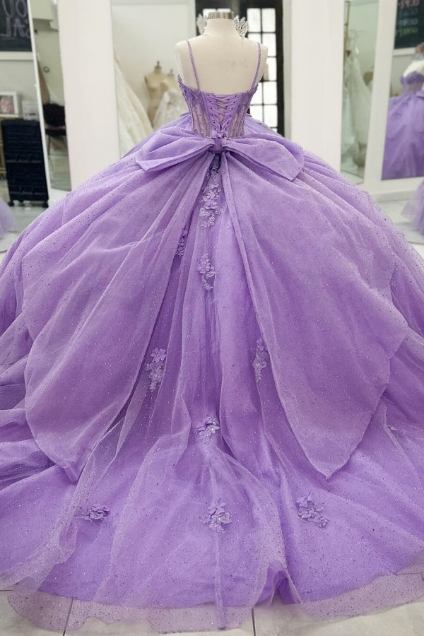 Ball Gown Strapless Spaghetti Straps Sleeveless Beaded 3D Flowers Appliques Pleated Bow Knots Purple Tulle Quinceanera Dress Evening Formal Gown Birthday Party Dress For Sweet 16