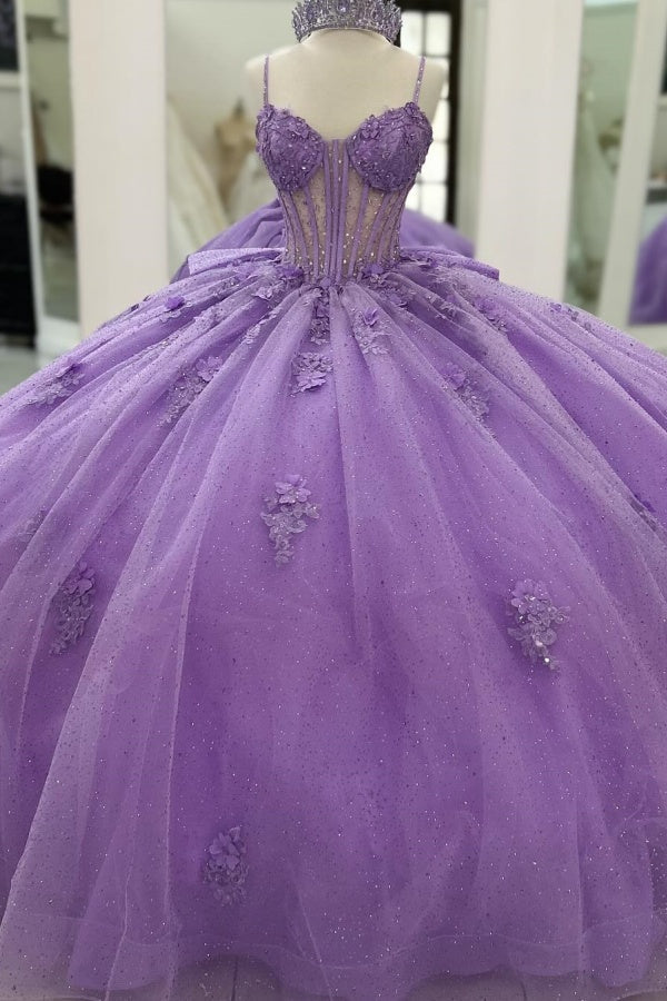 Ball Gown Strapless Spaghetti Straps Sleeveless Beaded 3D Flowers Appliques Pleated Bow Knots Purple Tulle Quinceanera Dress Evening Formal Gown Birthday Party Dress For Sweet 16