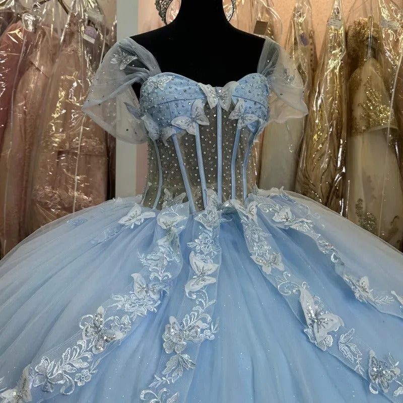 Ball Gown Sweatheart Neck Short Sleeves 3D Butterfly Appliques Tiered Bow Knot Light Blue Tulle Quinceanera Dress For Sweet 16