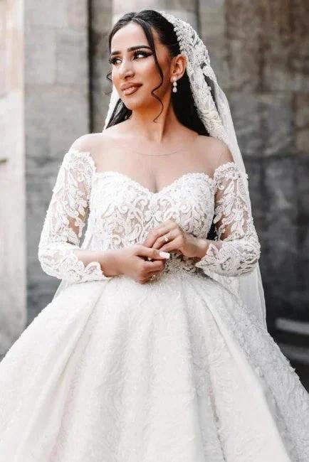 Ball Gown Sweetheart Long Sleeve Floor-Length Stain Wedding Dresses with Lace (ZD15742)