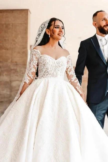Ball Gown Sweetheart Long Sleeve Floor-Length Stain Wedding Dresses with Lace (ZD15742) - View 7 | VelvetHem