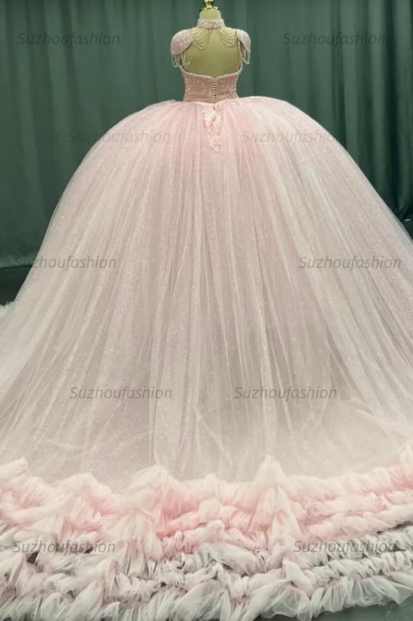 Ball Gown Sweetheart Neck Cap Sleeves Beaded Appliques Baby Pink Tulle Quinceanera Dress Formal Evening Gown For Sweet 16