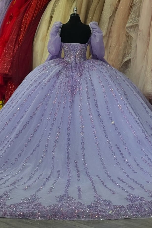 Ball Gown Sweetheart Neck Long Lanern Sleeves Beaded Sequins Appliques Lilac Tulle Quinceanera Dress Birthday Party Dress Evening Formal Gown For Sweet 16