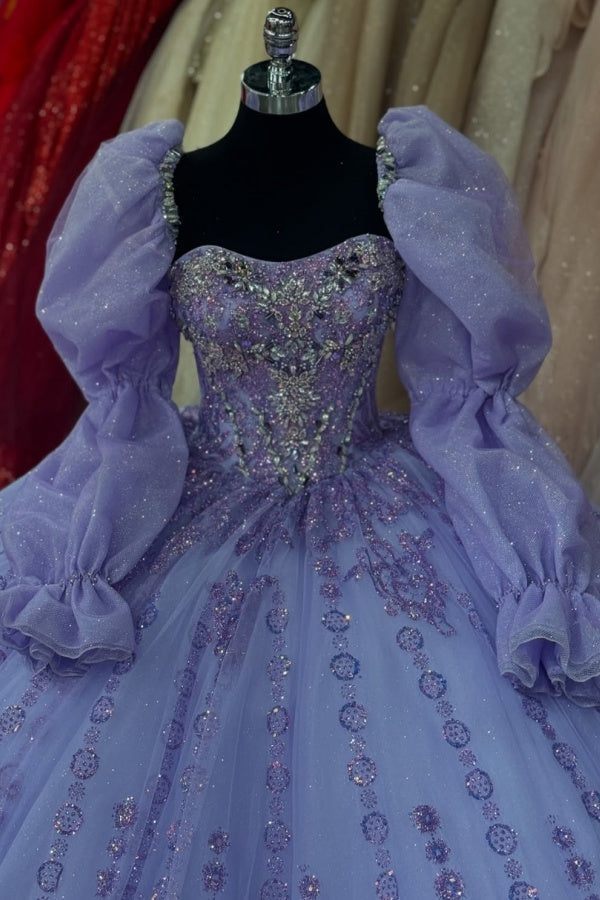 Ball Gown Sweetheart Neck Long Lanern Sleeves Beaded Sequins Appliques Lilac Tulle Quinceanera Dress Birthday Party Dress Evening Formal Gown For Sweet 16