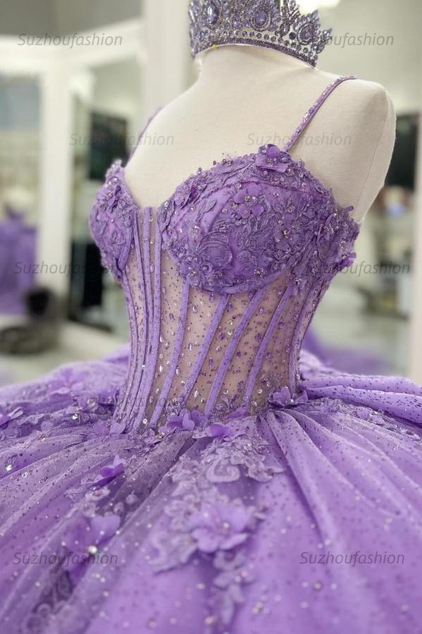 Ball Gown Sweetheart Neck Spaghetti Straps Sleeveless Beaded 3D Flower Appliques Pleated Bow Knot Sparkly Lilac Tulle Quinceanera Dress Princess Birthday Party Dress For Sweet 16