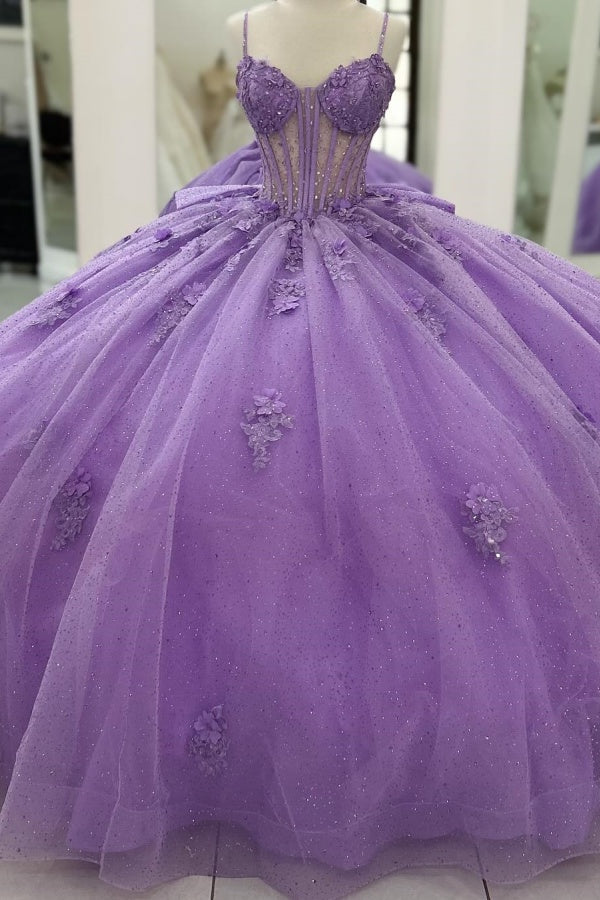 Ball Gown Sweetheart Neck Spaghetti Straps Sleeveless Beaded 3D Flower Appliques Pleated Bow Knot Sparkly Lilac Tulle Quinceanera Dress Princess Birthday Party Dress For Sweet 16