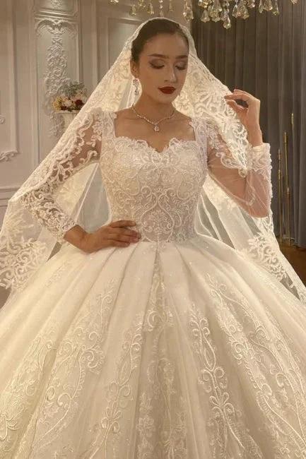 Ball Gown Sweetheart Tulle Long Sleeves Appliques Floor-Length Wedding Dresses with Lace (ZD15731) - View 3 | VelvetHem