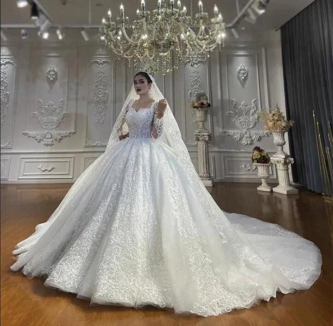 Ball Gown Sweetheart Tulle Long Sleeves Appliques Floor-Length Wedding Dresses with Lace (ZD15731)
