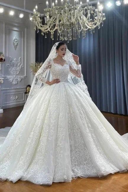 Ball Gown Sweetheart Tulle Long Sleeves Appliques Floor-Length Wedding Dresses with Lace (ZD15731)