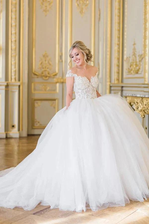 Ball Gown Elegant Cap Sleeves Lace Tulle Wedding Dress WD692 by pgmdress