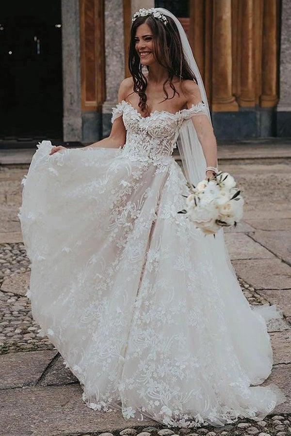 Ball Gown Off the Shoulder Tulle Wedding Dresses with Lace Appliques (ZD16222) - View 4 | VelvetHem