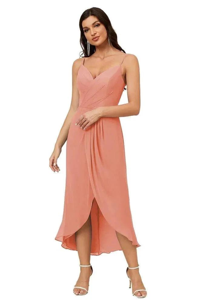 Numbersea Spaghetti Chiffon V Neck Bridesmaid Dress Mid-Length Slit Formal Prom Dress Homecoming Dress 2803 by numbersea