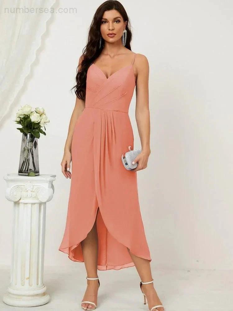 ZapDress Spaghetti Chiffon V Neck Bridesmaid Dress Mid-Length Slit Formal Prom Dress Homecoming Dress 2803 (ZD16952)