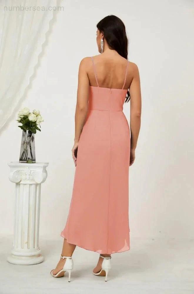 ZapDress Spaghetti Chiffon V Neck Bridesmaid Dress Mid-Length Slit Formal Prom Dress Homecoming Dress 2803 (ZD16952)