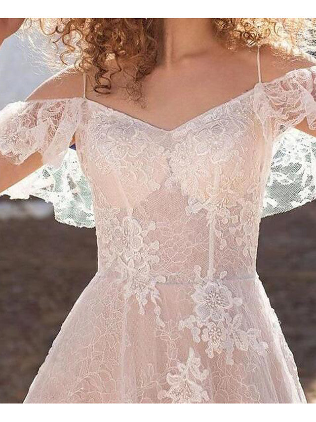 Beach A-Line Beach Wedding Dress Spaghetti Strap Lace Tulle Short Sleeve Sexy See-Through Bridal Gowns
