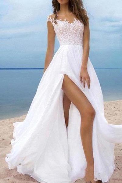 Beach A-Line Chiffon Wedding Dress Sexy Slit Tulle Lace Appliques Bridal Gowns On Sale