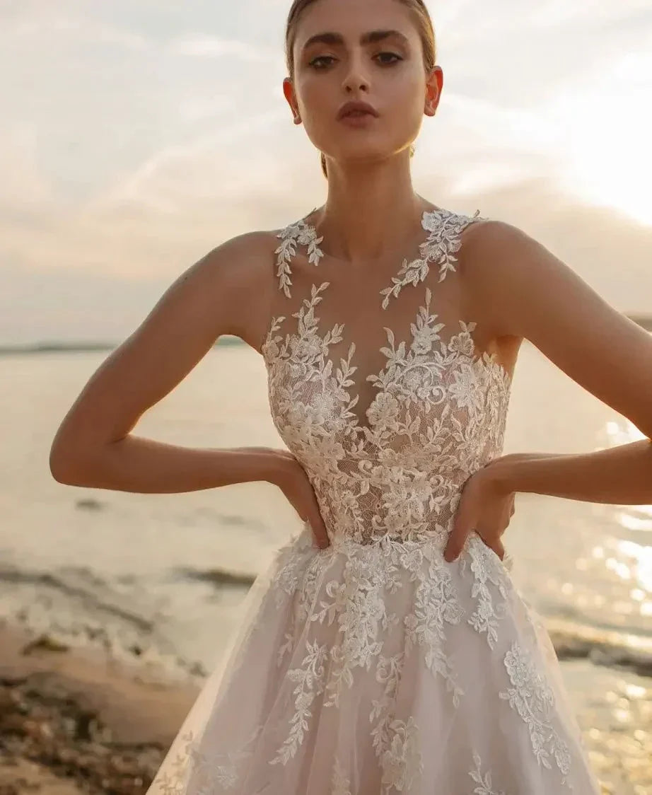Beach A-Line Wedding Dresses O-neck Sleeveless Vestidos De Novia Custom Made Appliques Vestido De Noiva (ZD14053)