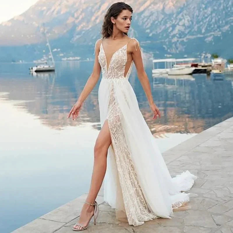 Beach Boho Backless Wedding Dresses Spaghetti Straps Lace Wedding Gowns Side Split V Neck Bride Dress Vestido De Novia by payinti