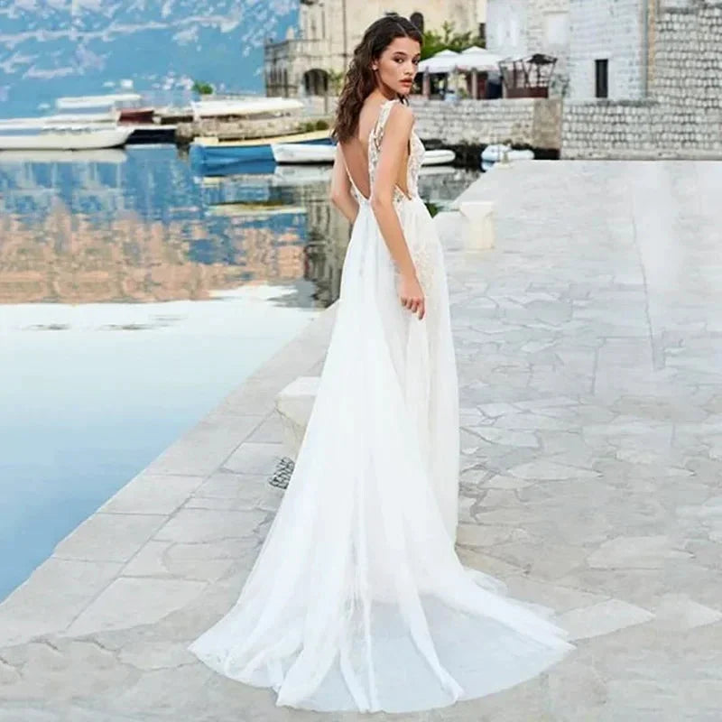 Beach Boho Backless Wedding Dresses Spaghetti Straps Lace Wedding Gowns Side Split V Neck Bride Dress Vestido De Novia (ZD13356) - View 2 | VelvetHem