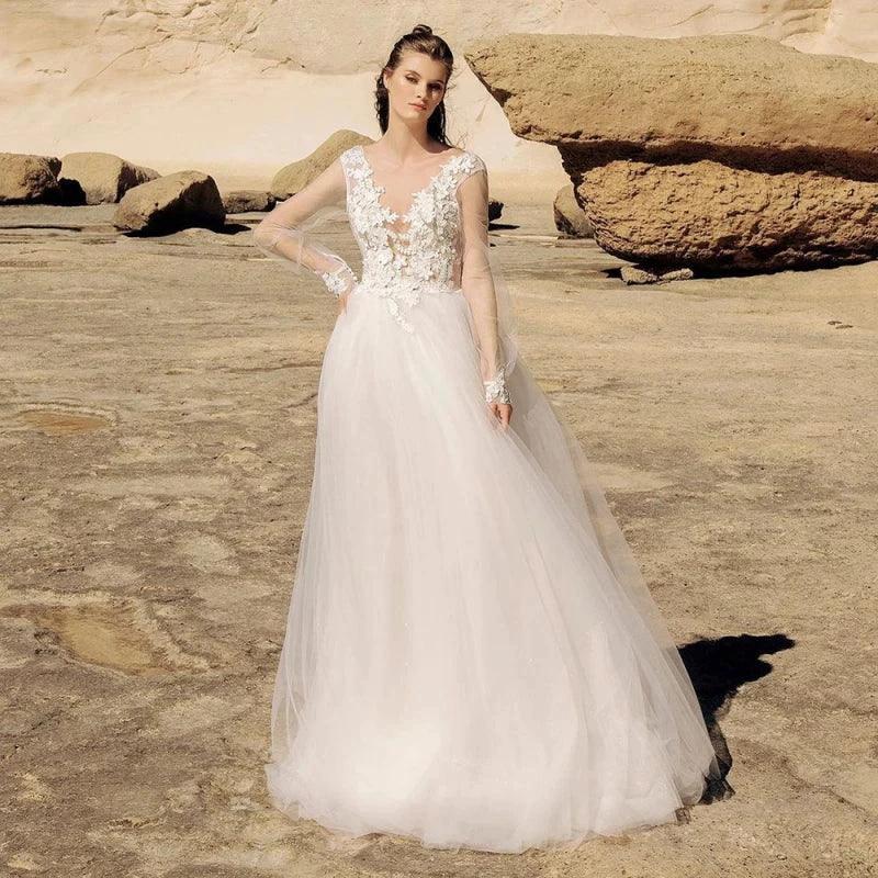 Beach Ivory Lace Wedding Dresses Illusion Long Sleeves Bridal Gowns Jewel Neck Backless Appliqued Tulle A-Line Floor Length by payinti