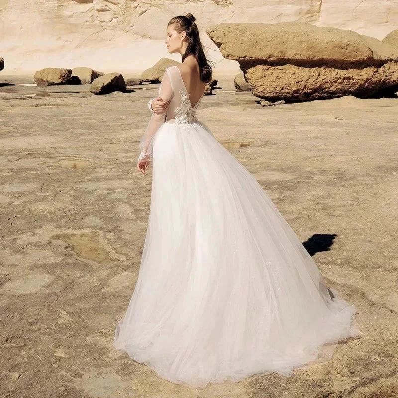 Beach Ivory Lace Wedding Dresses Illusion Long Sleeves Bridal Gowns Jewel Neck Backless Appliqued Tulle A-Line Floor Length (ZD13311) - View 2 | VelvetHem