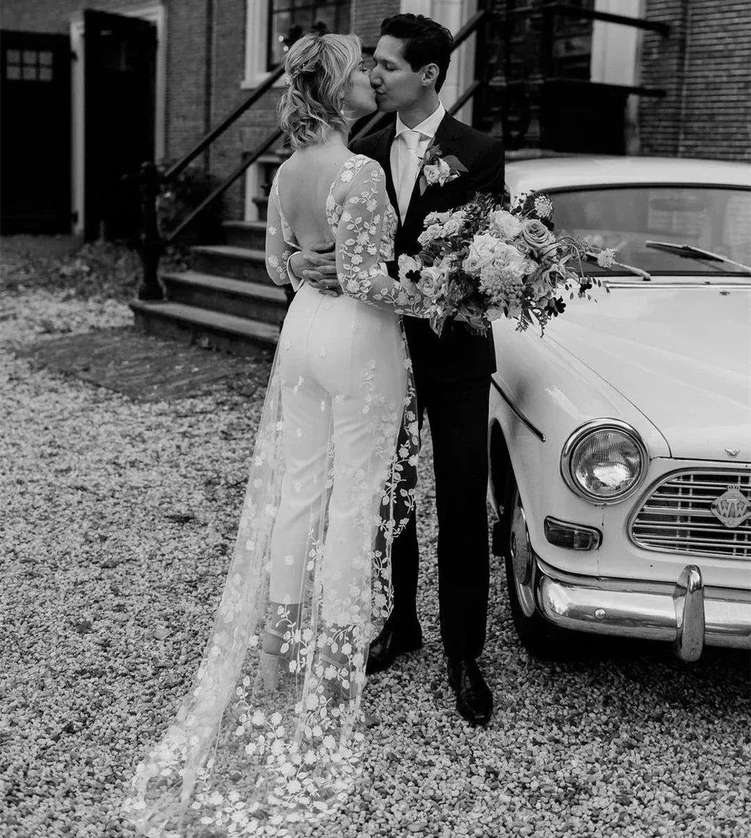 Beach Sexy Open Back Pants Suit Wedding Dresses For Women Applique Lace Long Sleeves Bridal Gowns Cheap New Vestido De Novia (ZD14243)