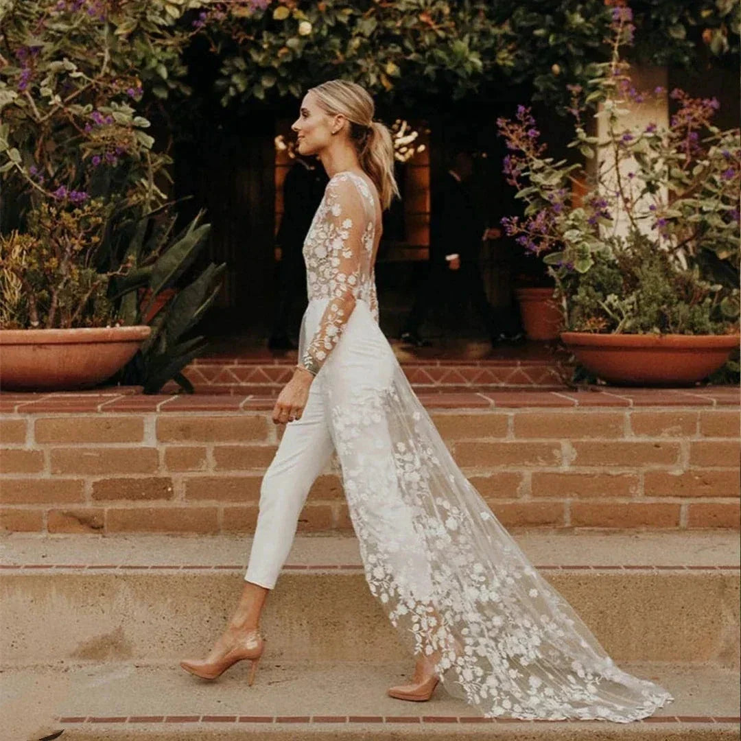 Beach Sexy Open Back Pants Suit Wedding Dresses For Women Applique Lace Long Sleeves Bridal Gowns Cheap New Vestido De Novia (ZD14243) - View 5 | VelvetHem
