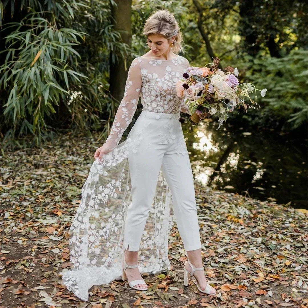 Beach Sexy Open Back Pants Suit Wedding Dresses For Women Applique Lace Long Sleeves Bridal Gowns Cheap New Vestido De Novia (ZD14243) - View 4 | VelvetHem