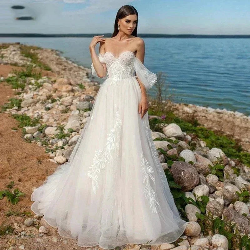 Beach Sweetheart Wedding Dresses For Women 2023 Bride Modern Lace A-LineAppliques Bridal Gown Off The Shoulder Robe De Mariée by payinti