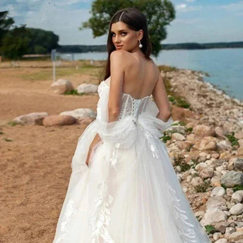 Beach Sweetheart Wedding Dresses For Women 2023 Bride Modern Lace A-LineAppliques Bridal Gown Off The Shoulder Robe De Mariée (ZD14181)