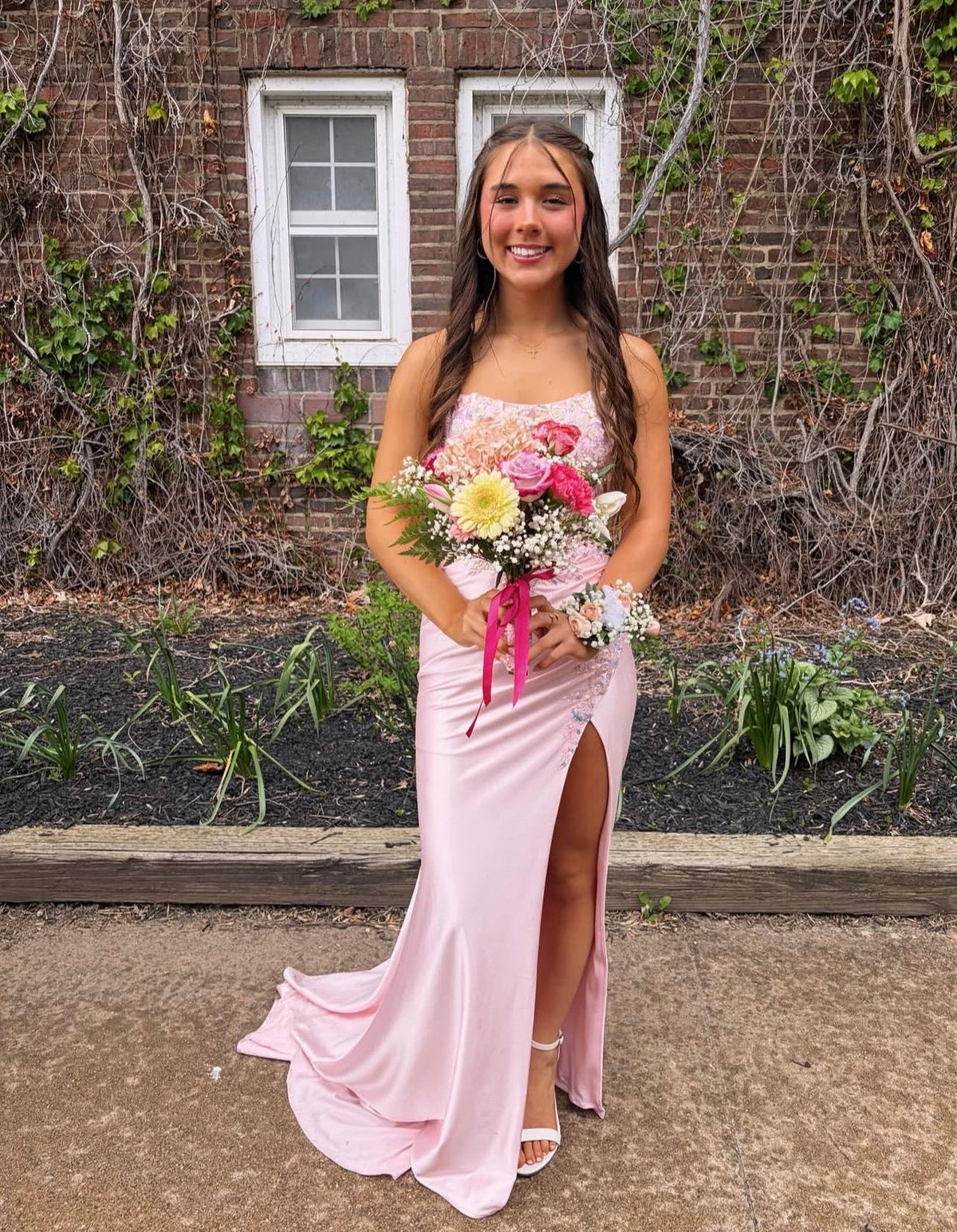 Beaded Strapless Pink Satin Prom Dress With Slit J10718