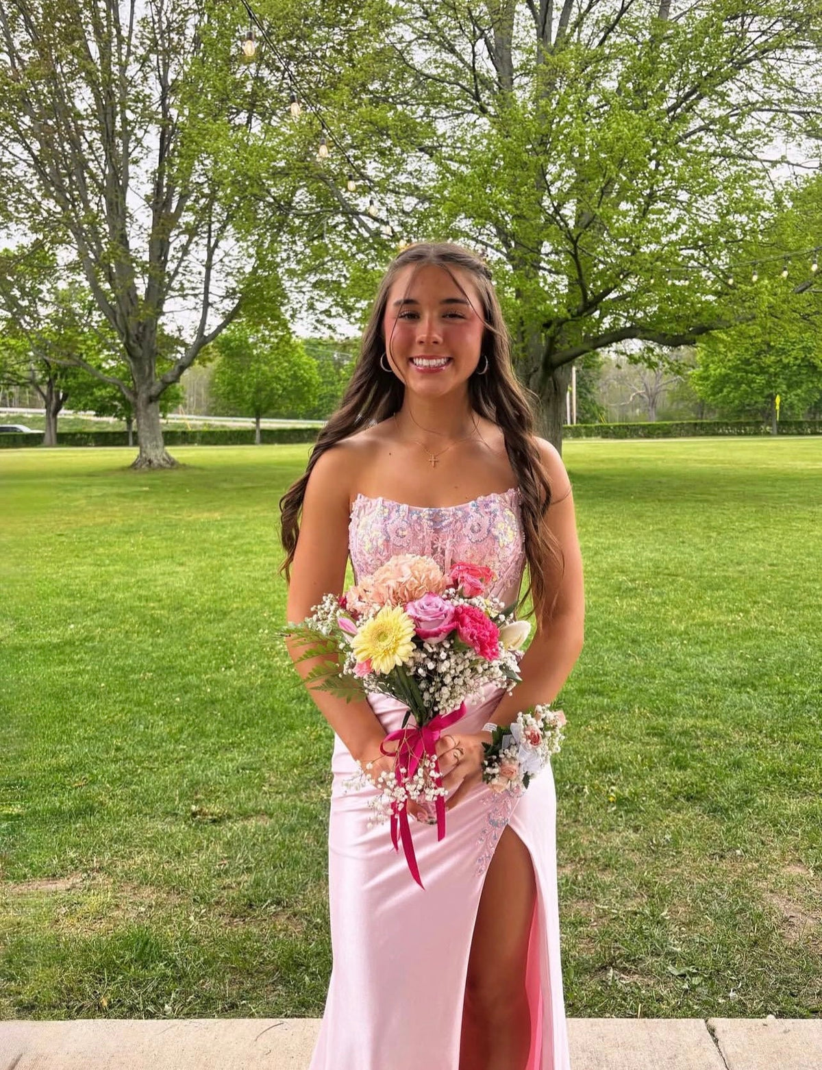 Beaded Strapless Pink Satin Prom Dress With Slit J10718