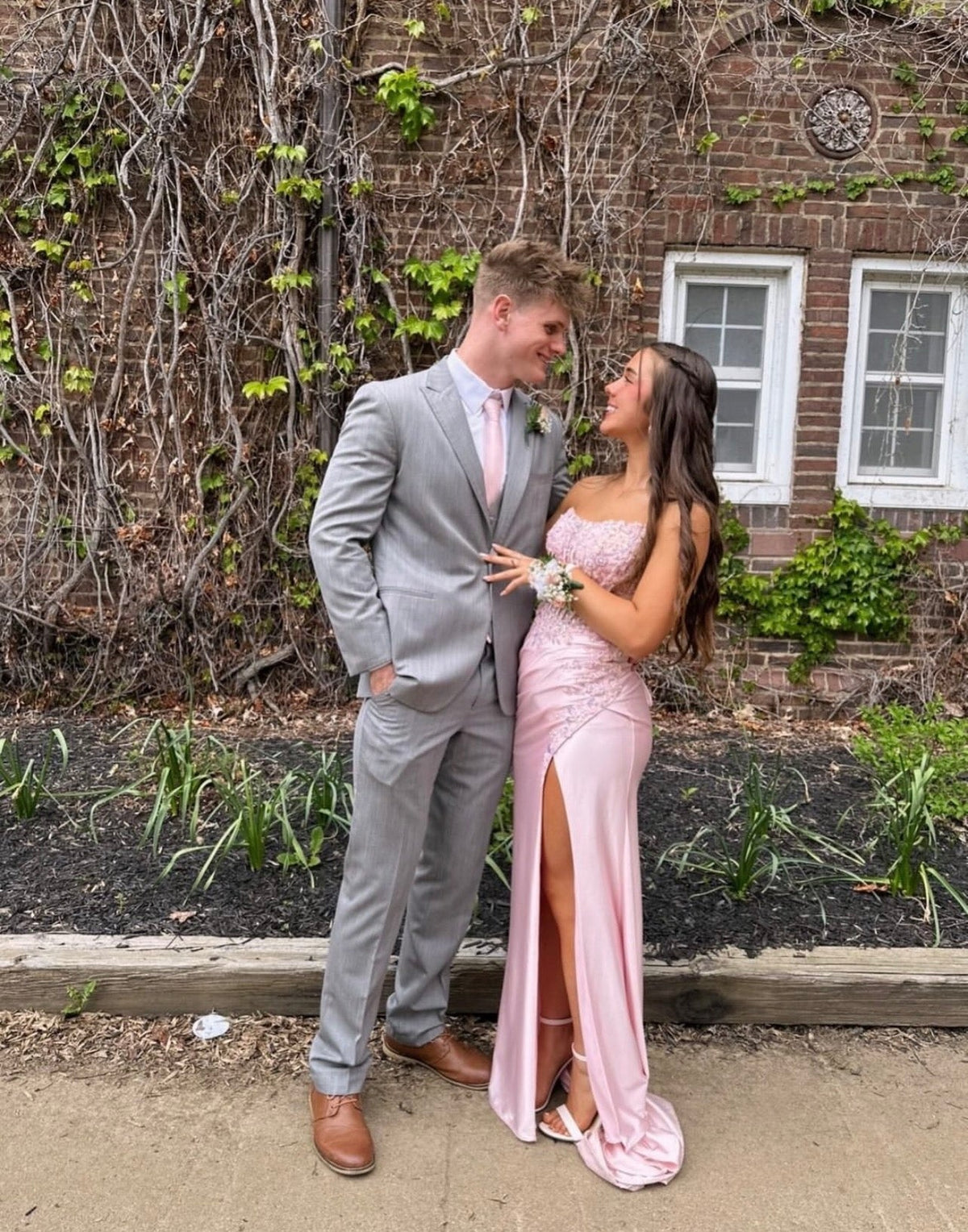 Beaded Strapless Pink Satin Prom Dress With Slit J10718