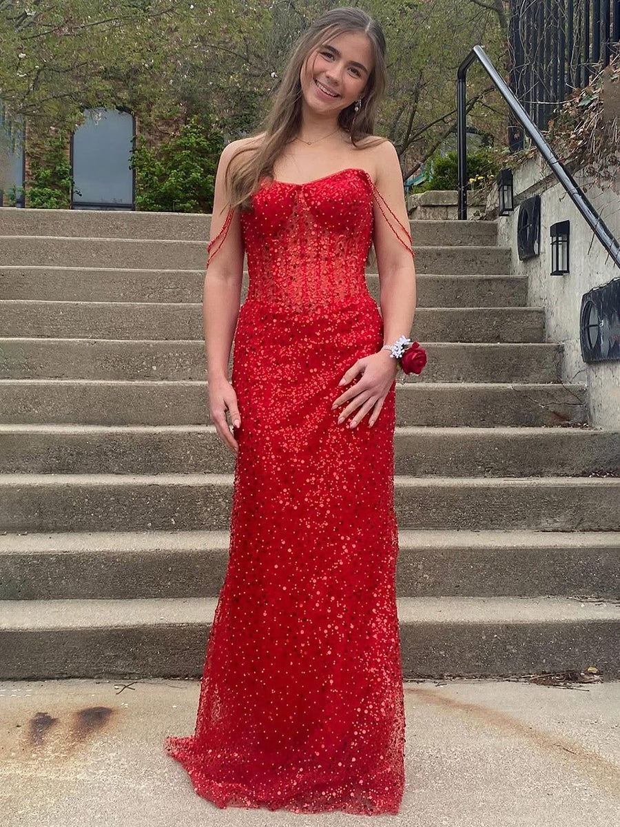 Beaded Straps Sequin Mermaid Long Prom Dress - FashionDia
