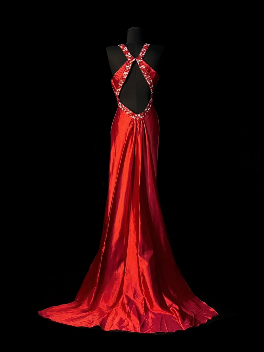 Beaded V Neck Red Satin Prom Dress Open Back Formal Evening Dress J10133