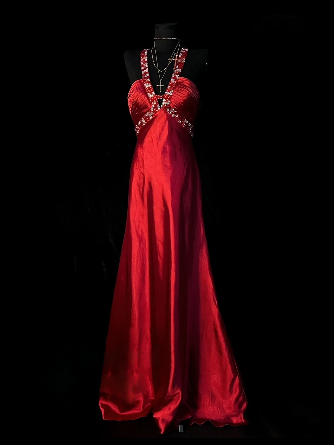Beaded V Neck Red Satin Prom Dress Open Back Formal Evening Dress J10133