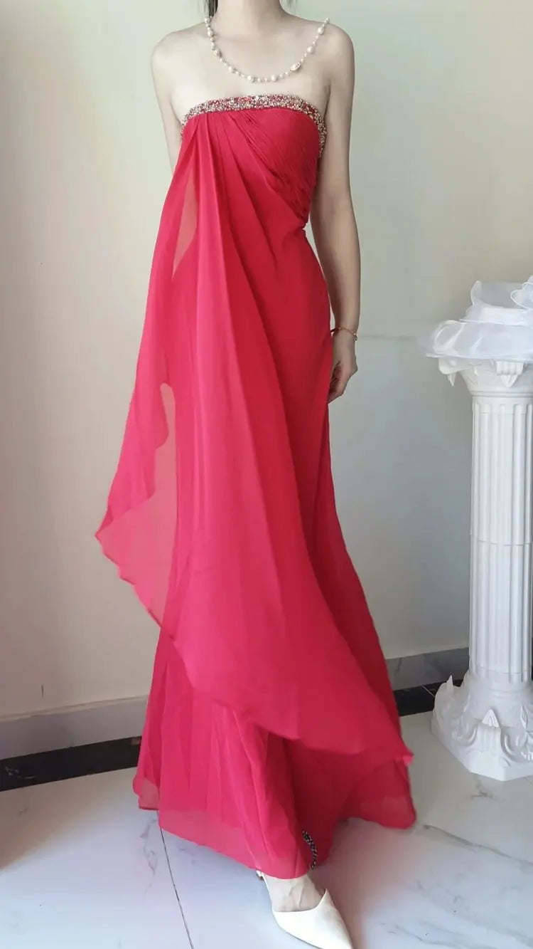 Beading Long Chiffon Red Evening Dress Formal Prom Dress J10218