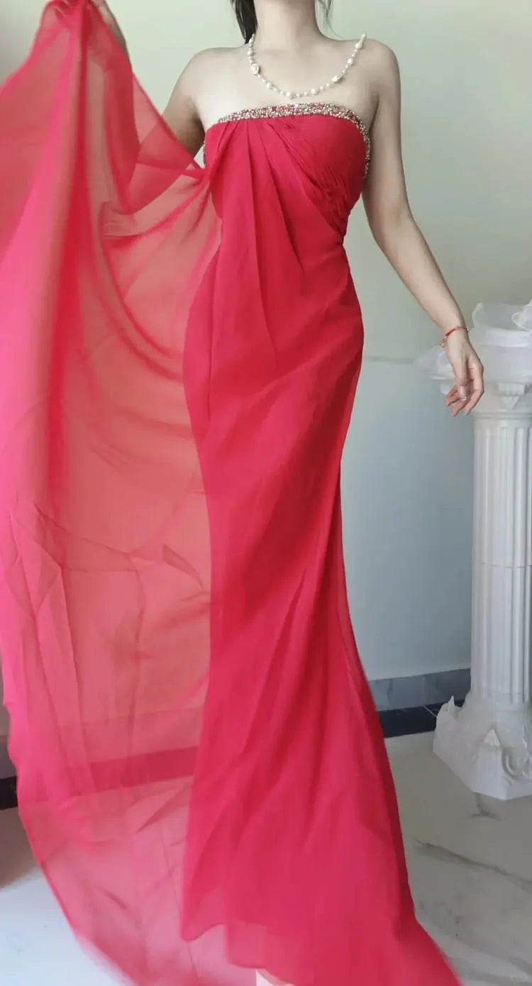 Beading Long Chiffon Red Evening Dress Formal Prom Dress J10218