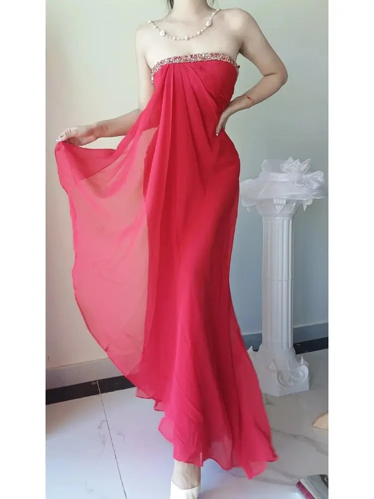 Beading Long Chiffon Red Evening Dress Formal Prom Dress J10218