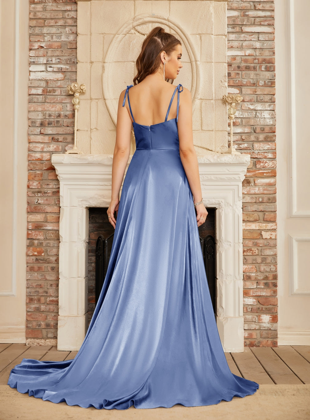 Beautiful A-Line Sleeveless Spaghetti Straps Satin Prom Dresses with Split