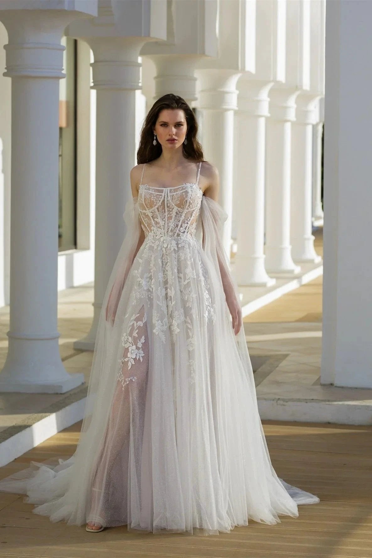 Beautiful A-Line Tulle Lace Spaghetti Straps Long Sleeve White Wedding Dresses With Appliques (ZD15573)