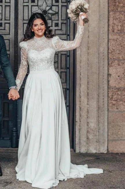 Beautiful A-line Long High Neck Lace Chiffon Wedding Dresses with Long Sleeves (ZD15625)