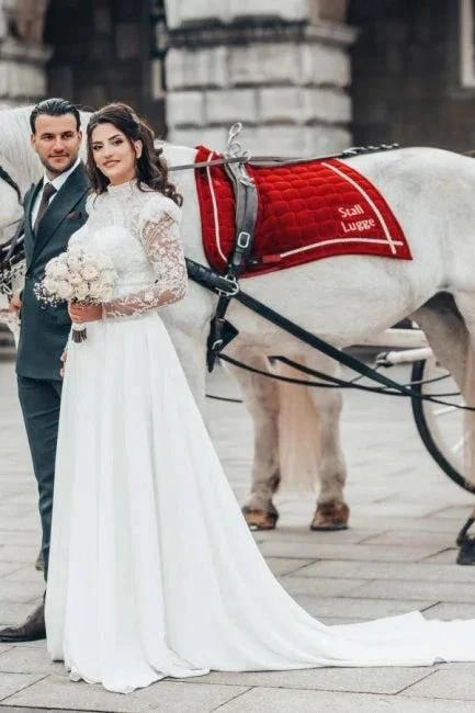 Beautiful A-line Long High Neck Lace Chiffon Wedding Dresses with Long Sleeves (ZD15625)
